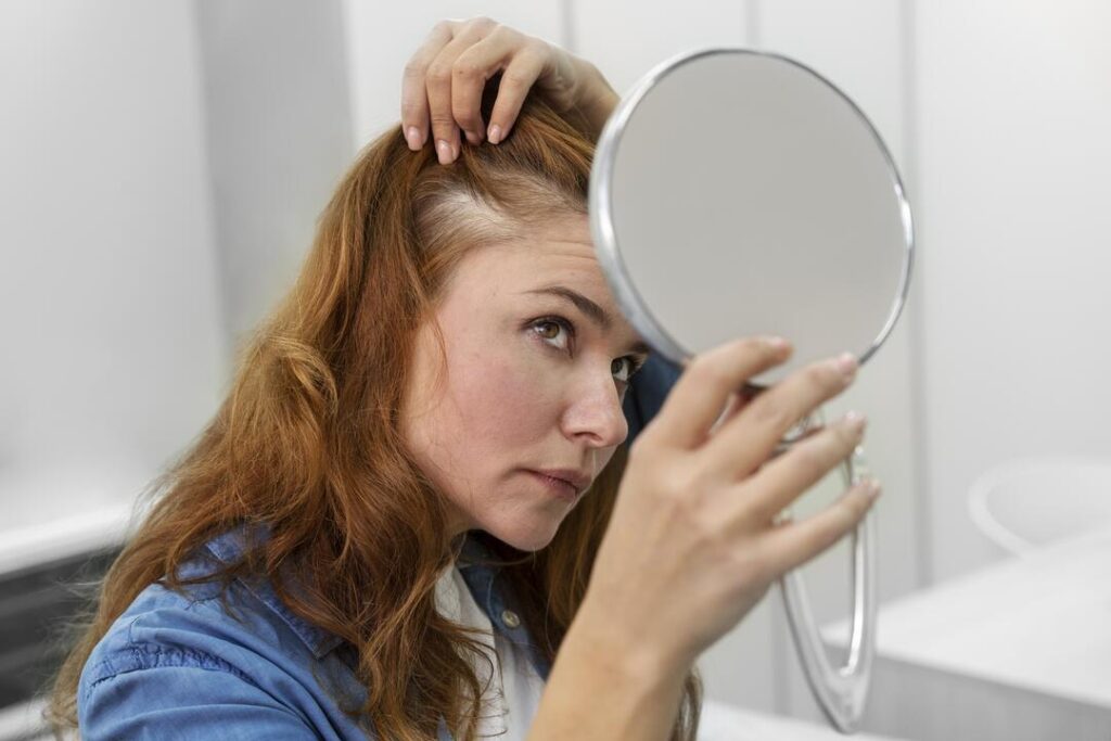 Mulher observando o couro cabeludo com um espelho, representando preocupação com queda de cabelo feminina, afinamento dos fios e busca por tratamentos capilares.